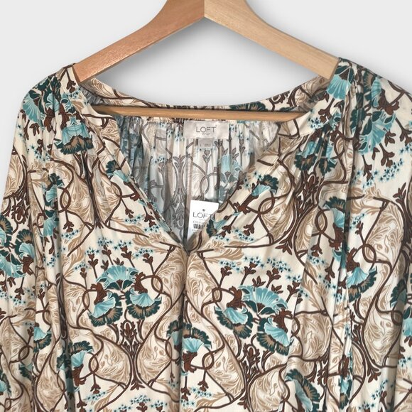 LOFT V-neck Popover BlouseTop LARGE Eclectic Boho Earth Tone Teal Accent NEW - Picture 2 of 8